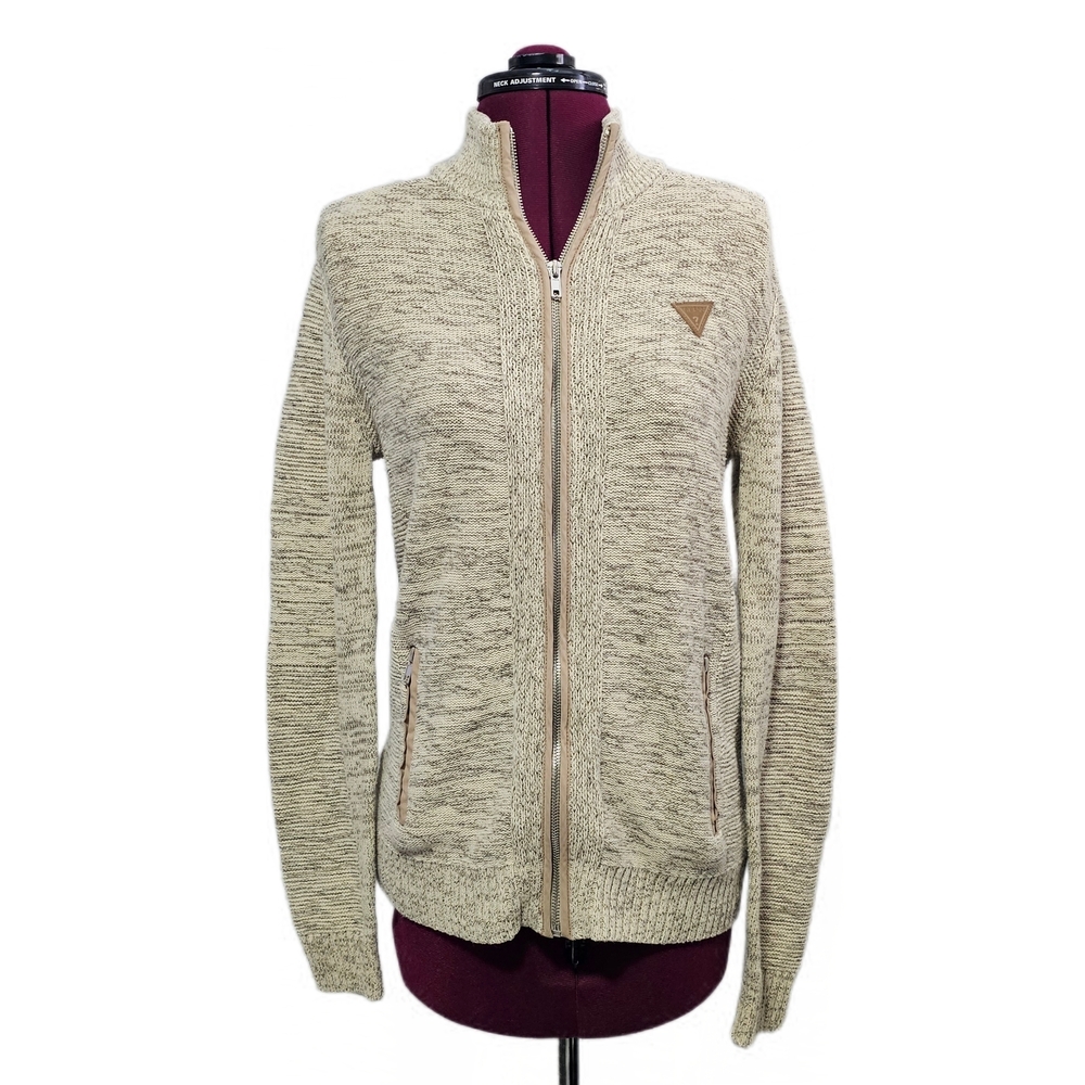 Guess Beige Marbled Zip Up Mock Neck Sweater Men